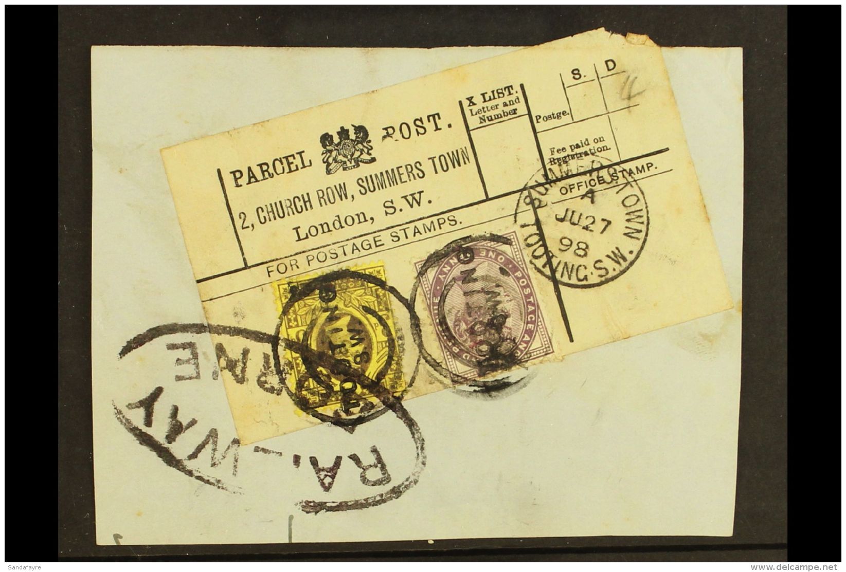 1898 PARCEL POST RECEIPT LABEL Bearing 1d Lilac &amp; 3d Jubilee Stamps With "Tooting" Handstamp, Entire Receipt... - Autres & Non Classés