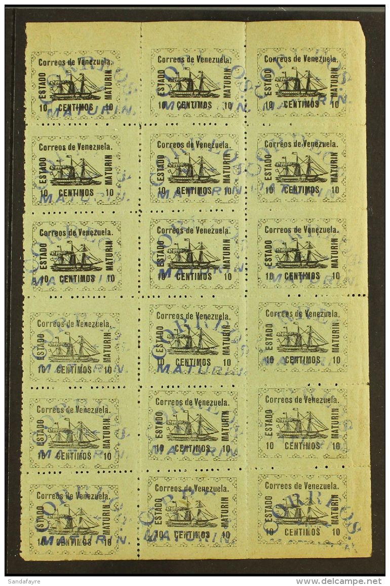 MATURIN LOCAL ISSUE 1903 10c Black On Blue Ship, Michel 35, Never Hinged Mint BLOCK Of 18 (3x6) With "Correos... - Venezuela