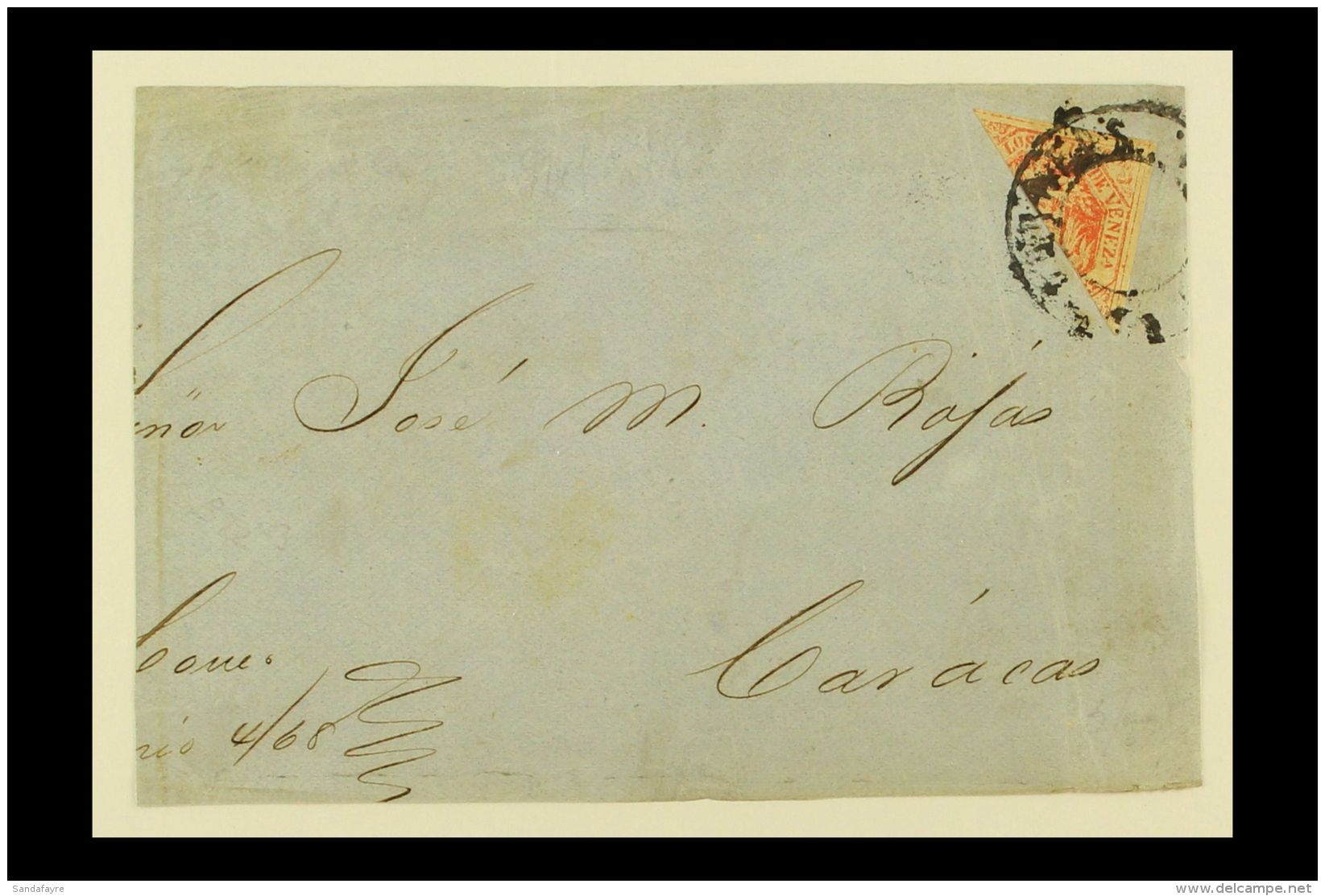1866 1r Vermilion BISECTED Diagonally And Tied To Large Part Cover Front To Caracas (SG 26a, &pound;350 On Cover)... - Venezuela