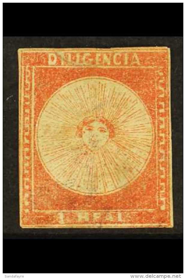 1856 DILIGENCIA 1r Dull Red Mail Coach Issue (Scott 3, SG 3), Unused No Gum, Three Margins, Repaired Tear At Top,... - Uruguay