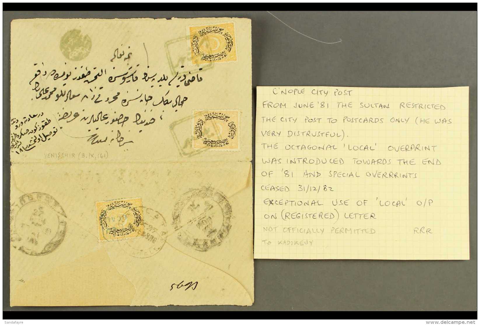 1881 Registered Envelope (opened For Display) From Yenisehir To Kadikoy (Constantinople) Bearing On Address Side... - Autres & Non Classés