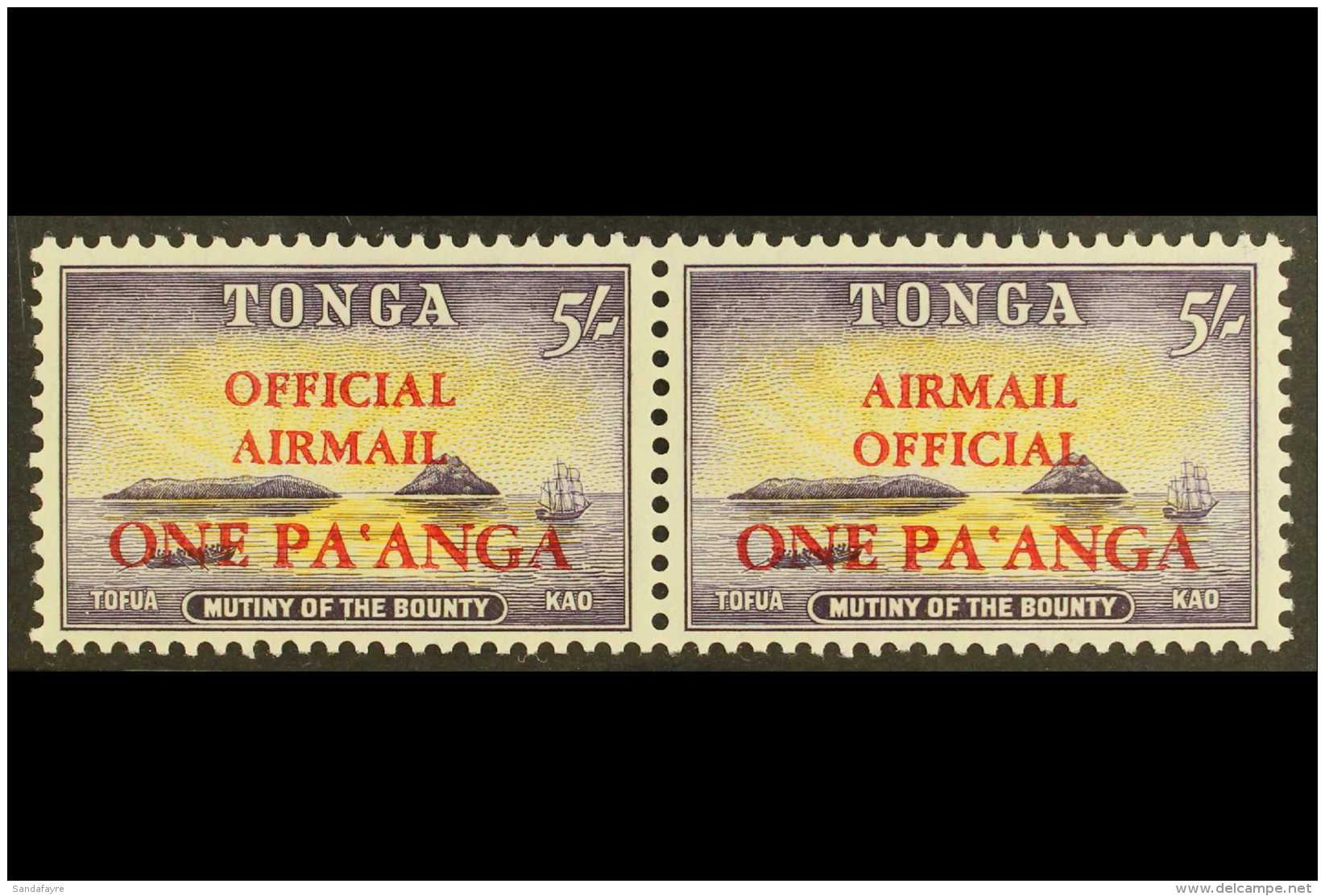 OFFICIALS 1967 1p On 5s Yellow &amp; Lilac Air Surcharge, SG O21, Very Fine Never Hinged Mint Horizontal PAIR, One... - Tonga (...-1970)