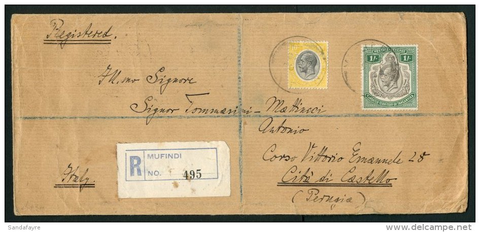 1933 Registered Envelope To Citta Di Castello, Italy Franked KGV 10c. + 1s. Tied By MUFINDI Date Stamp. On... - Tanganyika (...-1932)