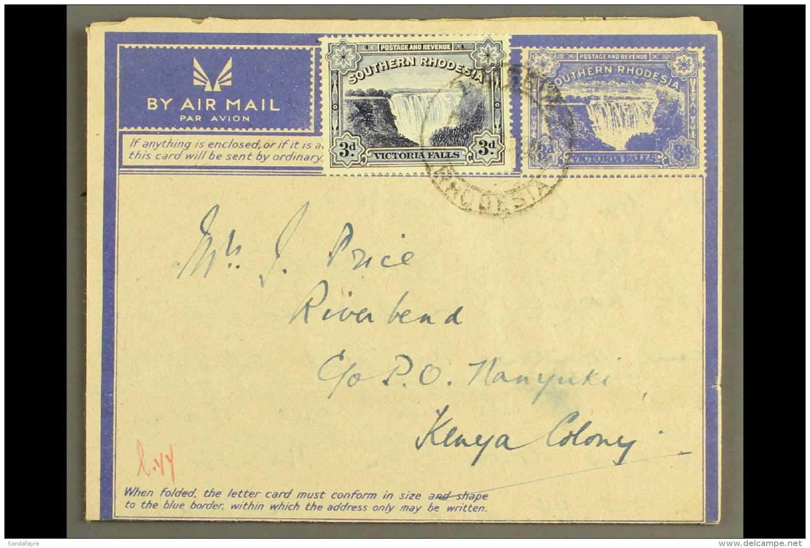 ACTIVE SERVICE LETTER CARD 1944 3d Ultramarine On Coarse, Buff Paper, No Overlay, H&amp;G 5, Uprated With 3d Falls... - Southern Rhodesia (...-1964)