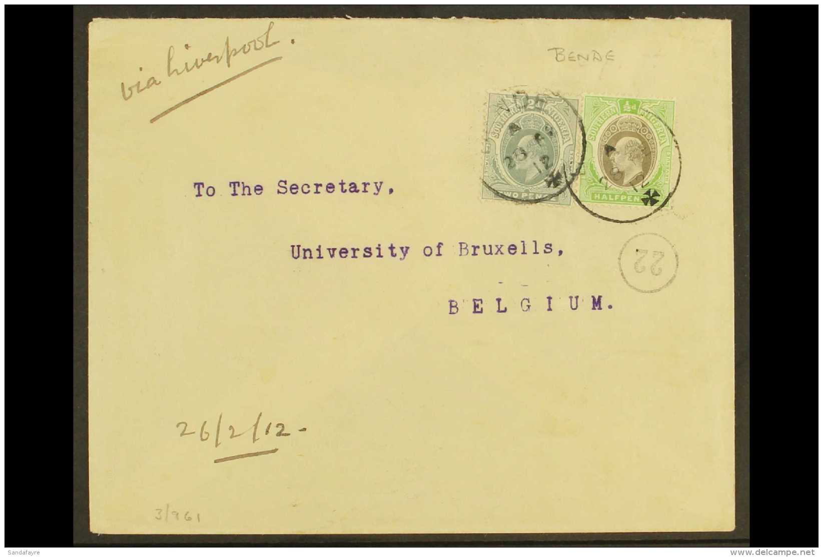 1912 Cover To Brussels, Franked Ed VII &frac12;d Green And Black And 2d Slate Tied By "Bende X" Cds Cancels With... - Nigeria (...-1960)