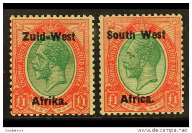 1923 Setting I, &pound;1 Green &amp; Red, Both English &amp; Afrikaans Overprints, SG 12, Mint Singles,... - South West Africa (1923-1990)