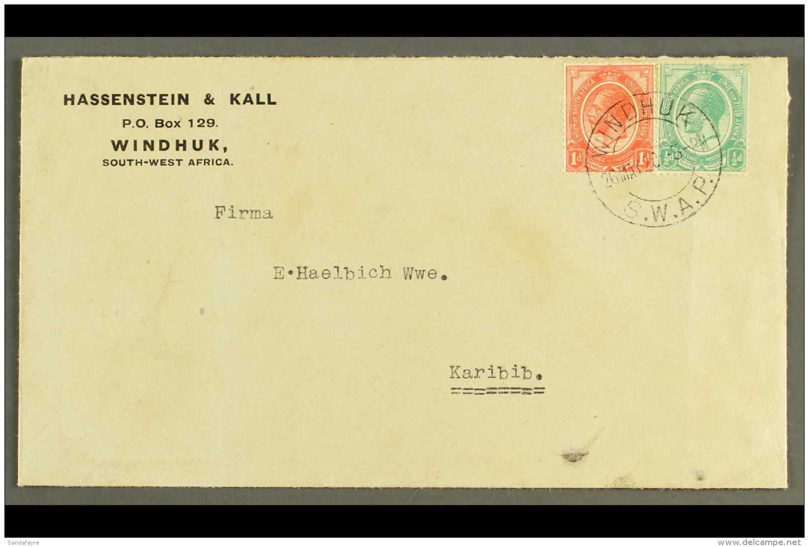 1920 (26 May) Printed Env To Karibib Bearing &frac12;d And 1d Union Stamps Tied By A Superb "WINDHUK S.W.A.P." Cds... - Südwestafrika (1923-1990)