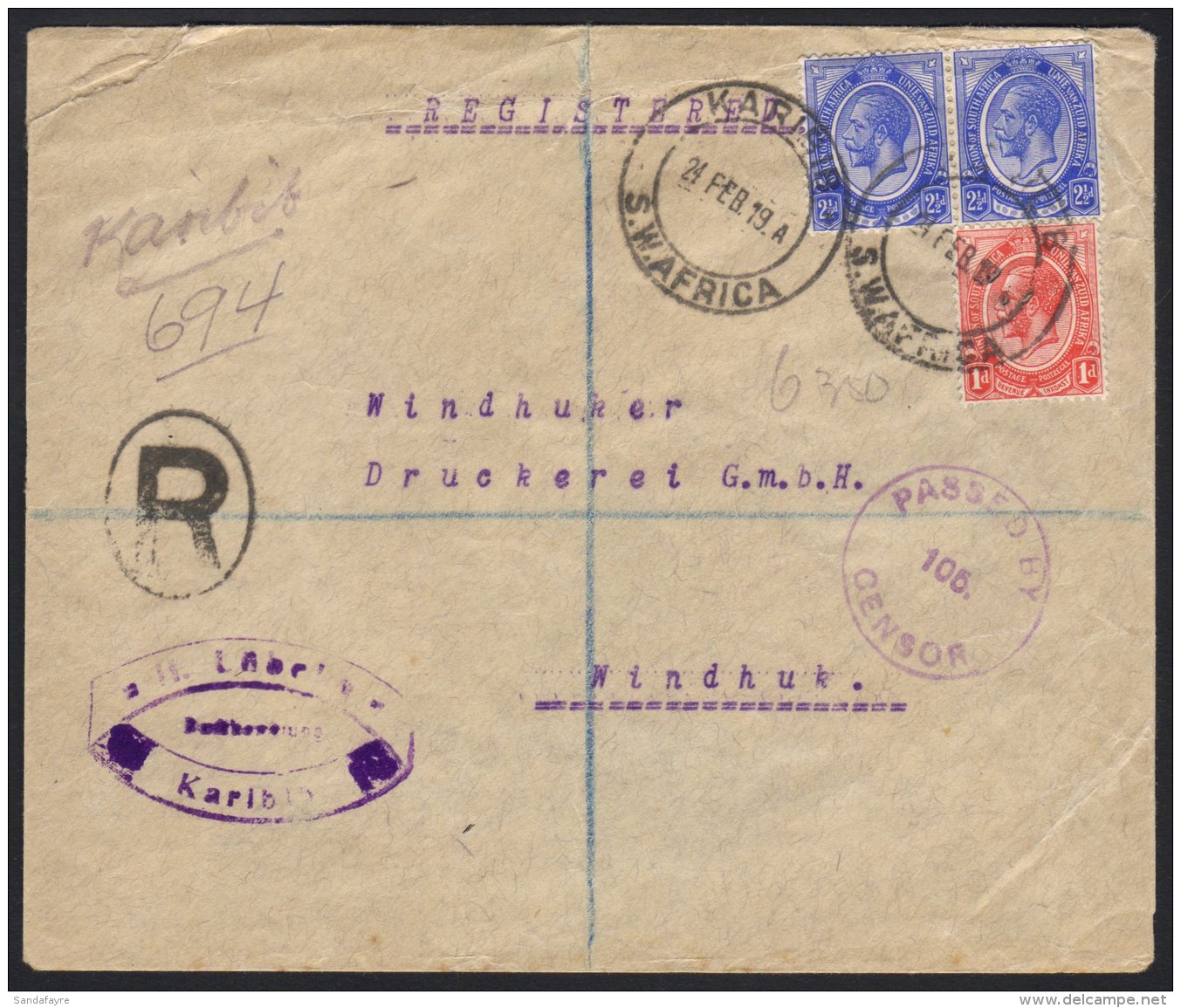 1919 (24 Feb) Registered Cover To Windhuk Bearing Union 2&frac12;d Pair And 1d Stamps Tied By Two "KARIBIB" Cds... - Südwestafrika (1923-1990)