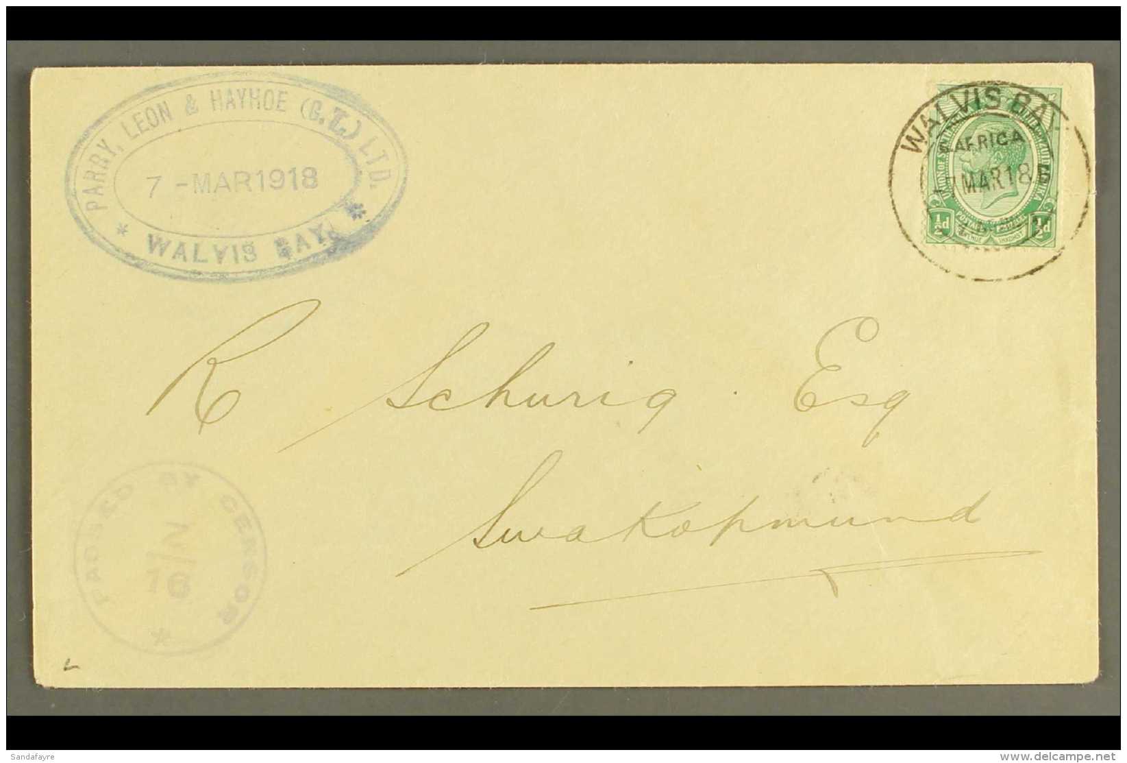 1918 (7 Mar) Cover To Swakopmund Bearing &frac12;d Union Stamp Tied By Superb "WALVIS BAY" Cds Postmark, Putzel... - Südwestafrika (1923-1990)