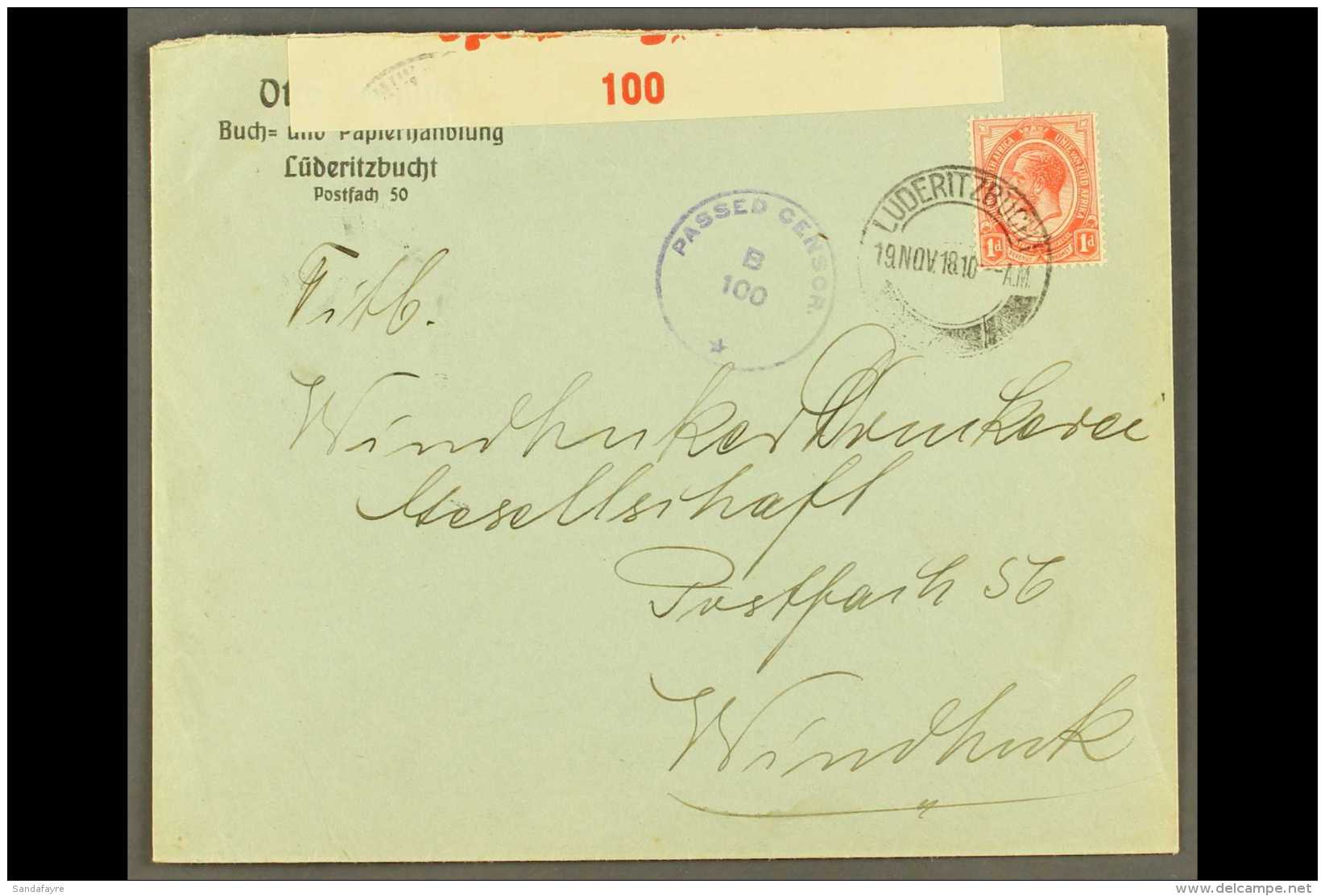1918 (19 Nov) Printed Cover To Windhuk Bearing 1d Union Stamp Tied By "LUDERITZBUCHT" Cds Cancellation, Putzel... - Südwestafrika (1923-1990)