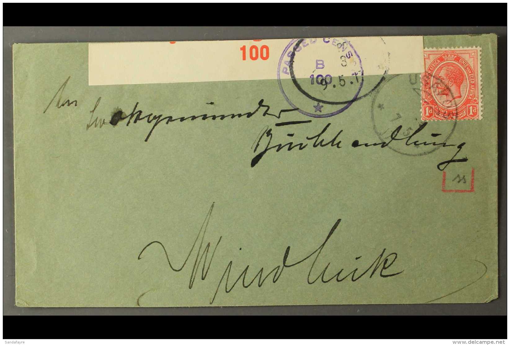 1917 (7 May) Cover To Windhuk Bearing 1d Union Tied By Fine "USAKOS" Converted German Cancelled, Putzel Type B3... - Südwestafrika (1923-1990)