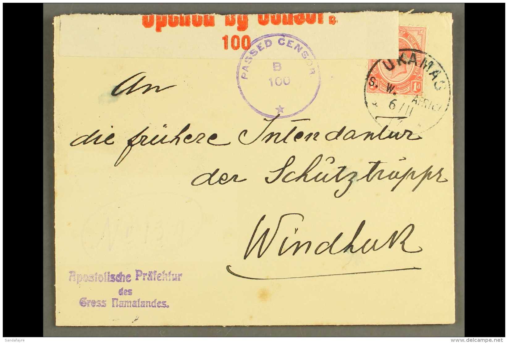 1917 (6 Nov) Cover To The Former Management Of The Defence Troop At Windhuk Bearing 1d Union Tied By Fine "UKAMAS"... - Afrique Du Sud-Ouest (1923-1990)