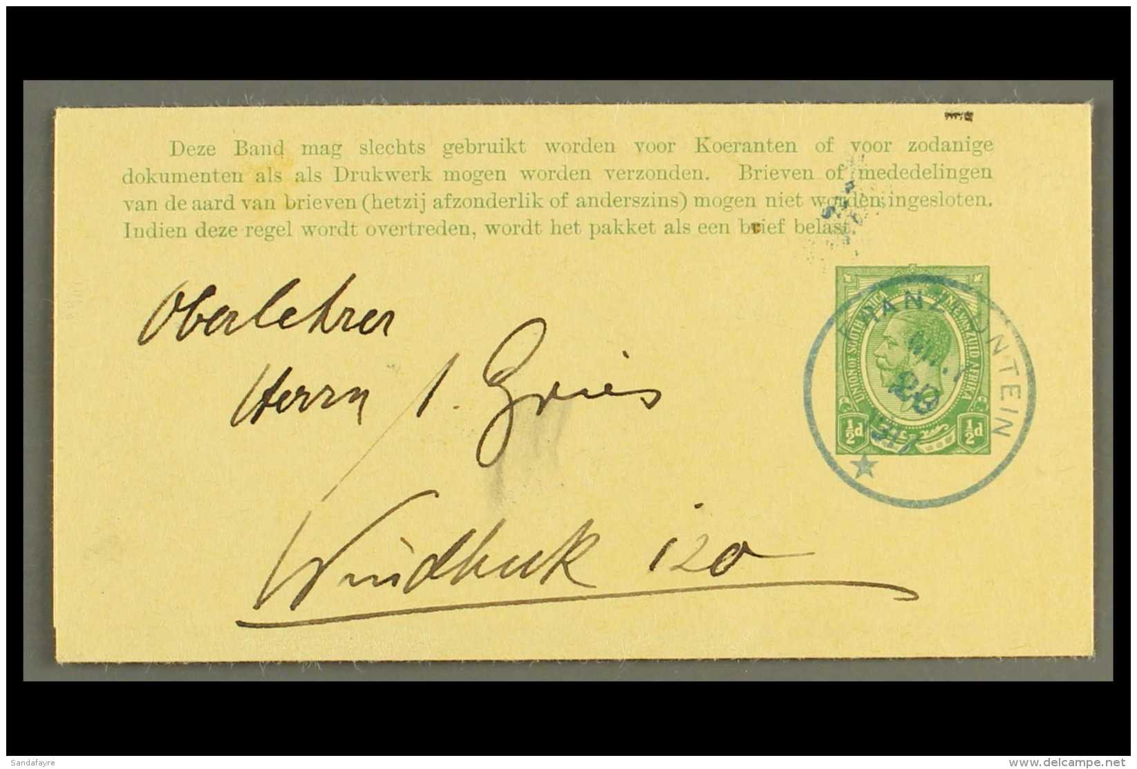 1917 (28 May) &frac12;d Union Wrapper To Windhuk Bearing A Very Fine "FRANZFONTEIN" Cds Cancel In Greenish-blue,... - Zuidwest-Afrika (1923-1990)