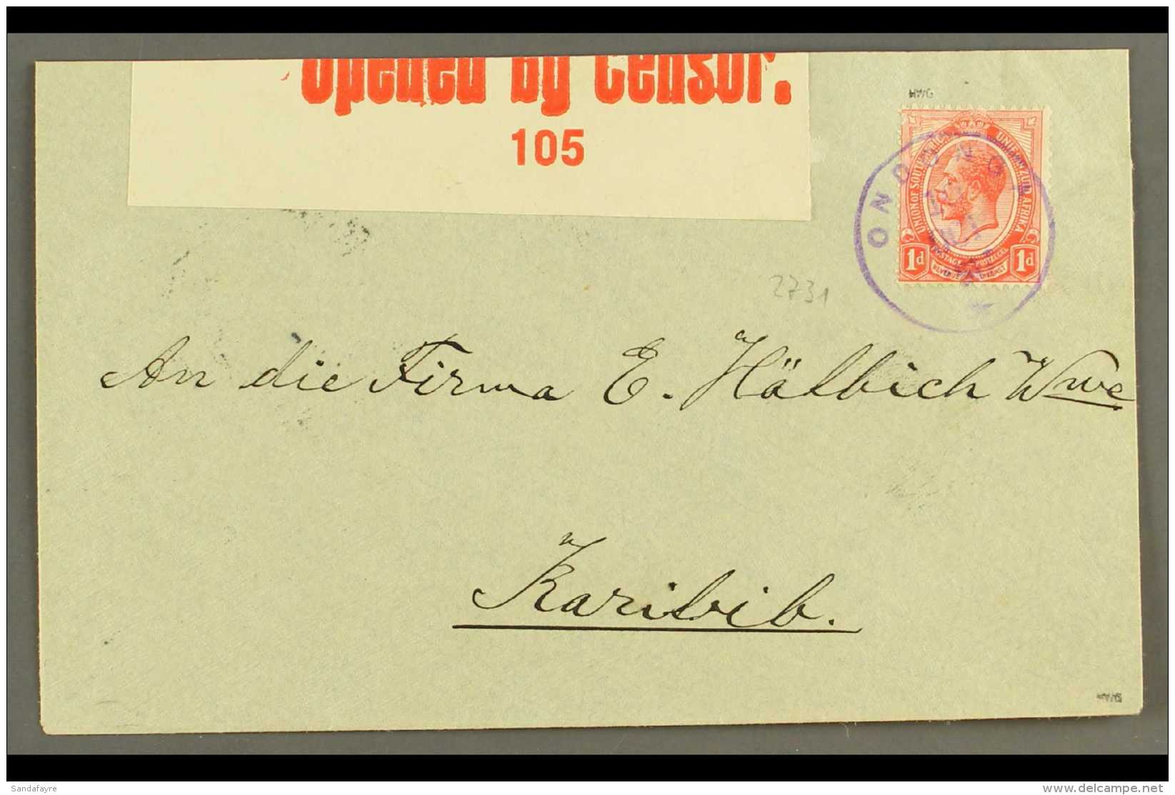 1917 (10 Oct) Cover To Karibib Bearing 1d Union Stamp Tied By A Fine Example Of The Scarce "ONDONGA" Violet Rubber... - Zuidwest-Afrika (1923-1990)