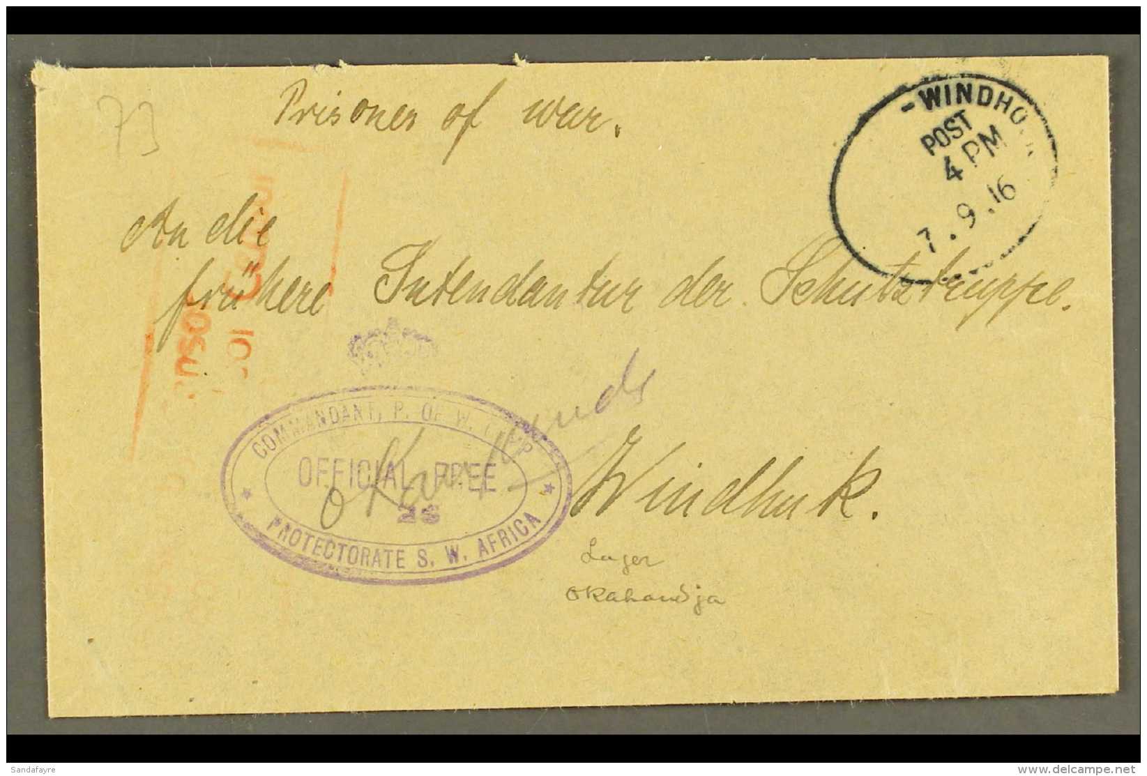 1916 (7 Sep) Stampless Prisoner Of War Cover From Okahandja Camp To Windhuk Showing A Very Fine "COMMANDANT P. OF... - África Del Sudoeste (1923-1990)