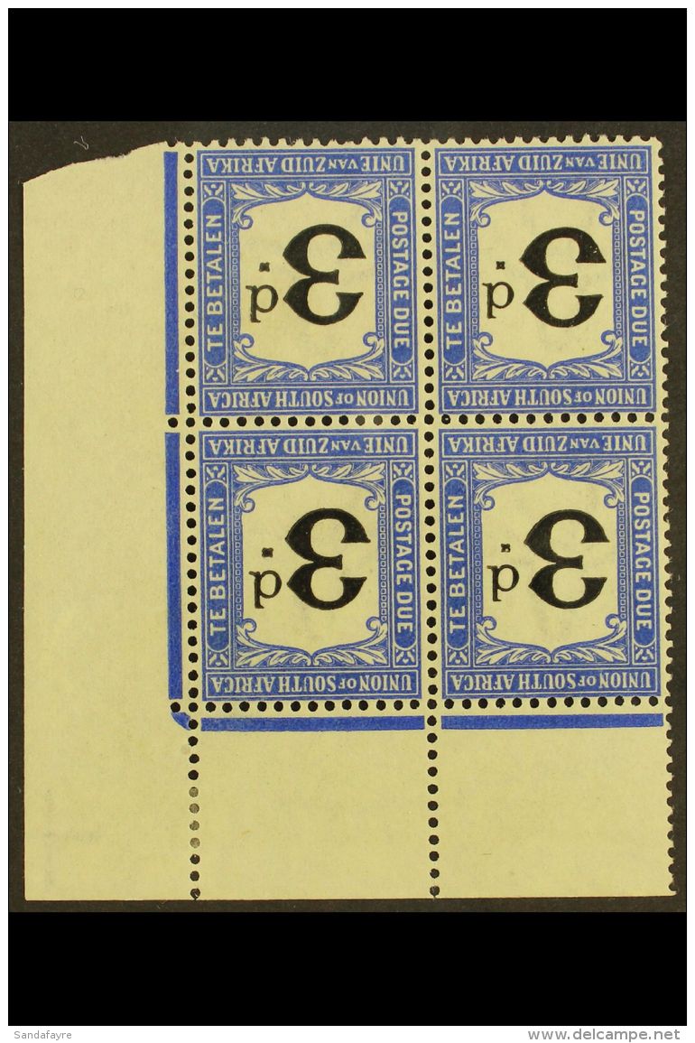 POSTAGE DUES 1914-22 3d Black &amp; Bright Blue, WATERMARK INVERTED In Corner Marginal Block Of 4, SG D4w, Hinged... - Zonder Classificatie