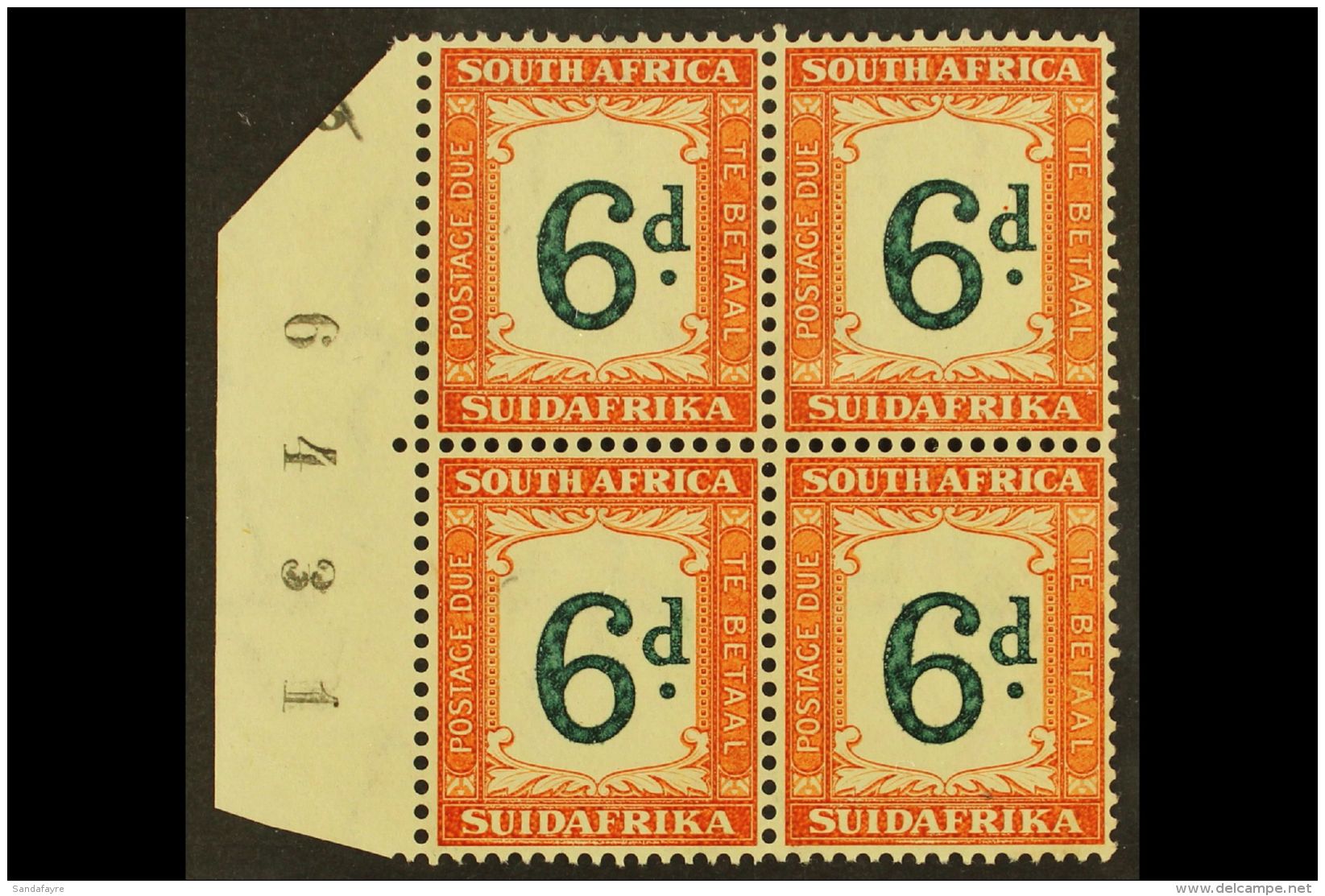 POSTAGE DUES 1932-42 6d Green &amp; Brown-ochre, SHEET NUMBER Block Of 4, SG D29a, Never Hinged Mint. For More... - Zonder Classificatie