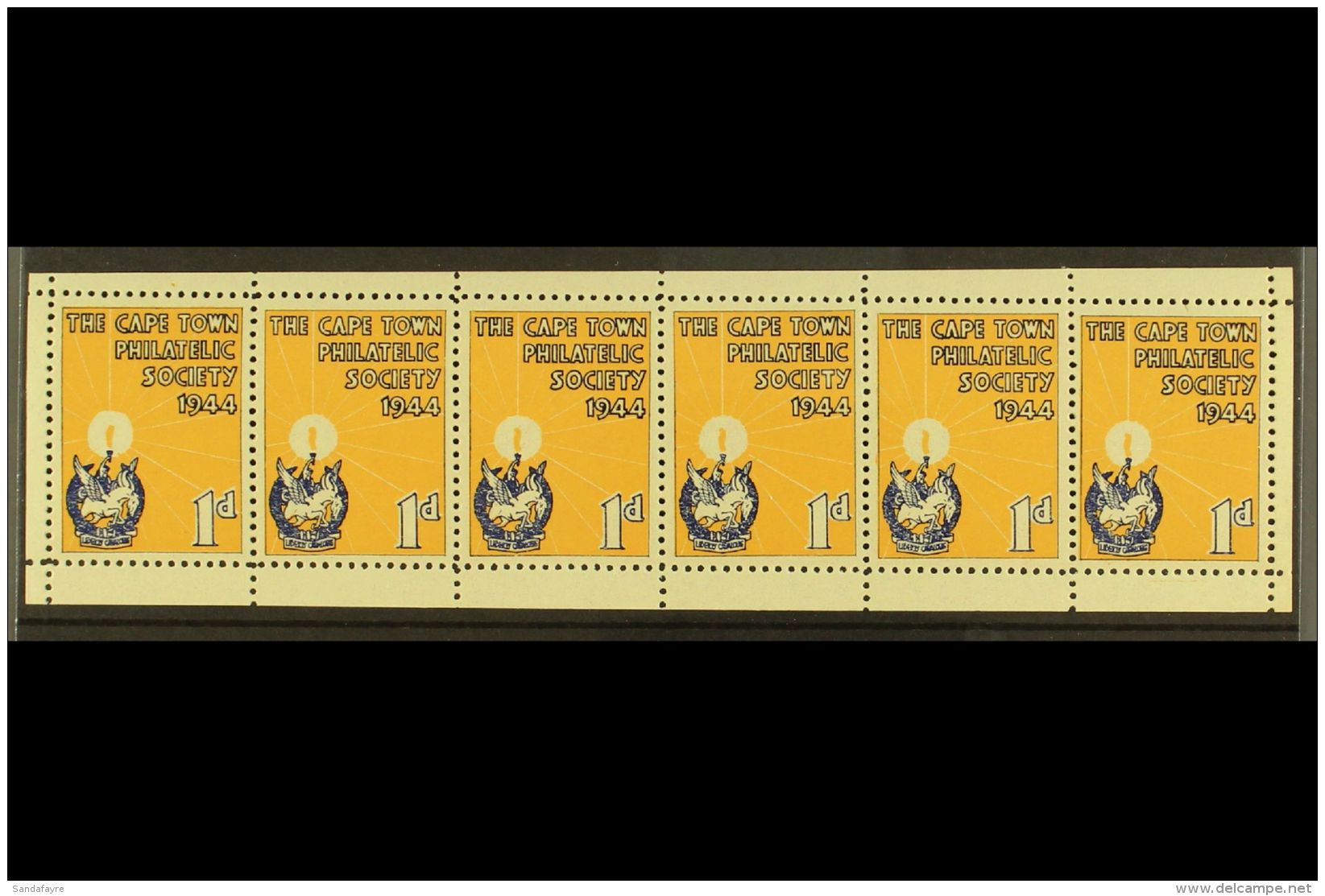 CINDERELLA LABEL 1944 "The Cape Town Philatelic Society" 1d Blue &amp; Buff, Strip Of 6 Labels With Margins All... - Non Classés