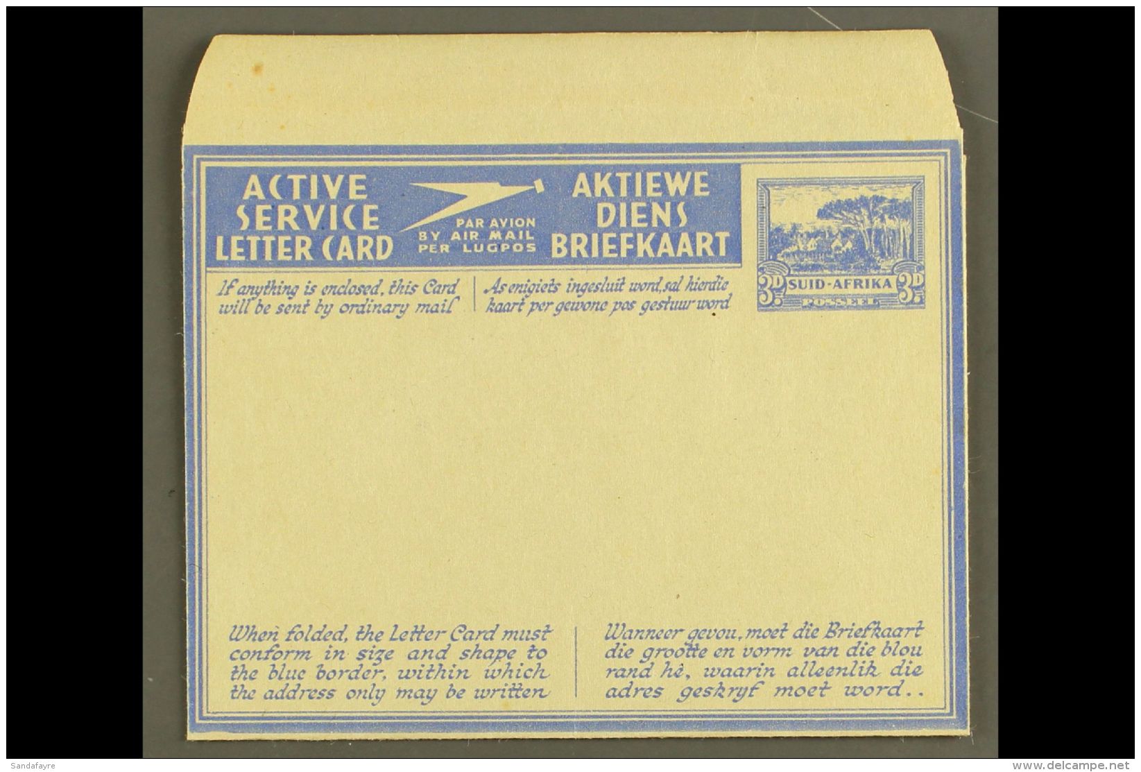 AEROGRAMME 1941 3d Ultramarine On Buff With Blue Overlay, Afrikaans Redrawn Stamp Impression (tops Of Trees No... - Non Classés
