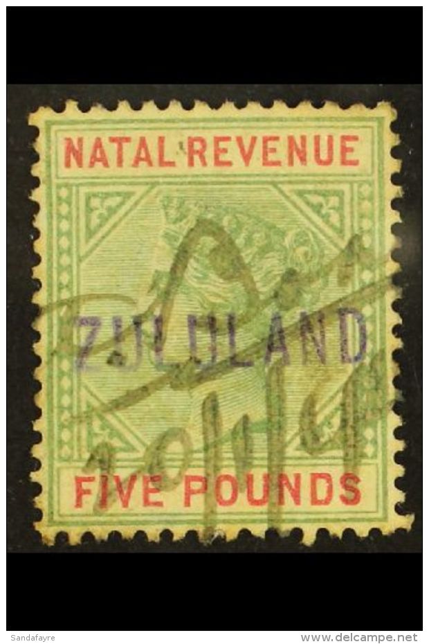 ZULULAND REVENUE STAMP 1892 Natal Revenue &pound;5 Green &amp; Red Handstamped "ZULULAND" In Violet, Barefoot 9,... - Non Classés