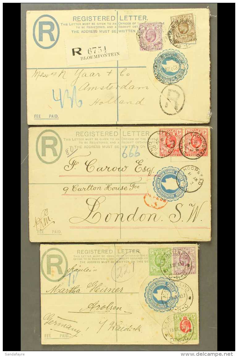 ORANGE RIVER COLONY 1906-1908 Three Used Postal Stationery 4d Registered Envelopes Addressed To England, Germany... - Ohne Zuordnung