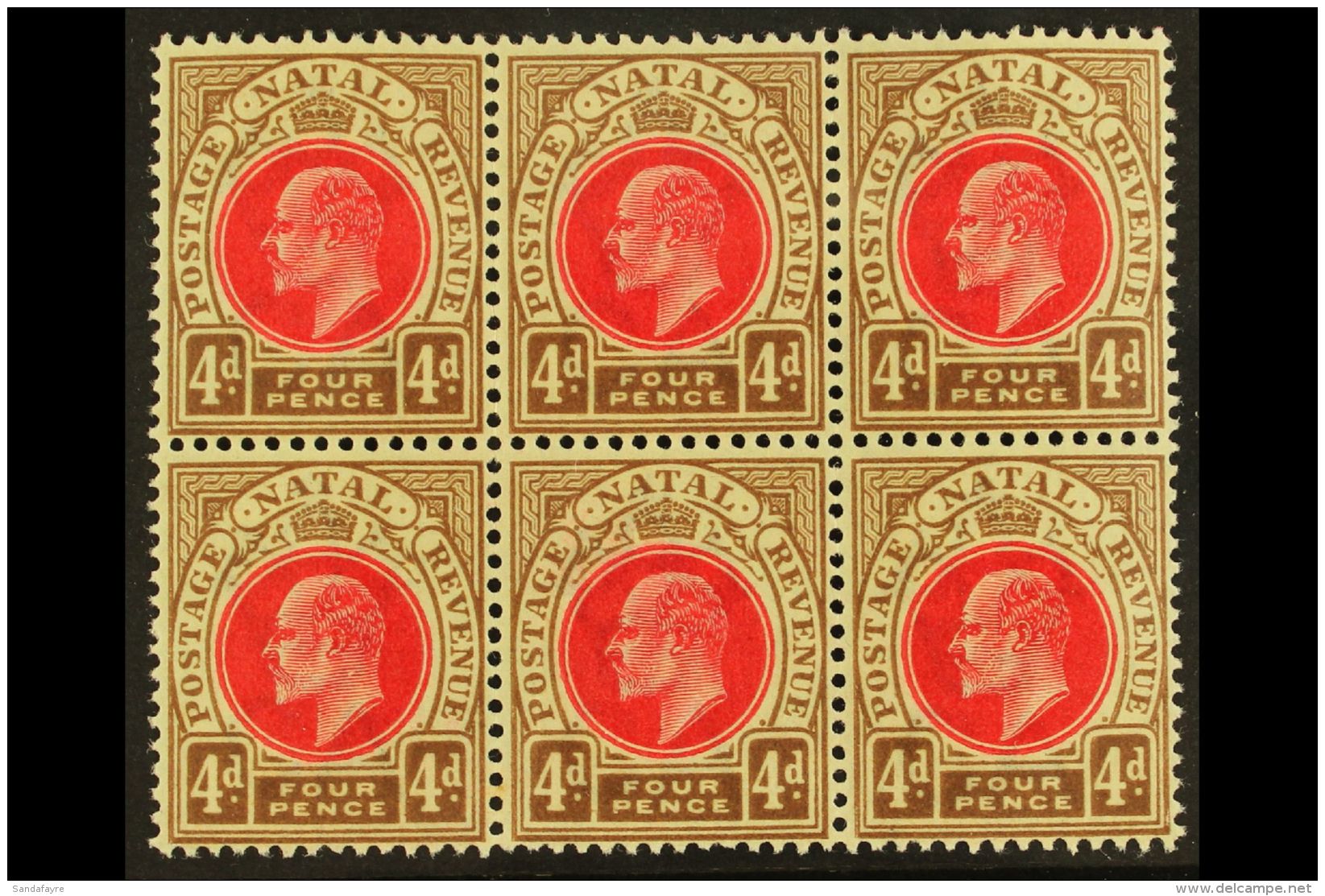 NATAL 1902-3 4d Carmine &amp; Cinnamon, Wmk Crown CA , BLOCK OF SIX, SG 133, Very Slightly Toned Gum, Otherwise... - Ohne Zuordnung