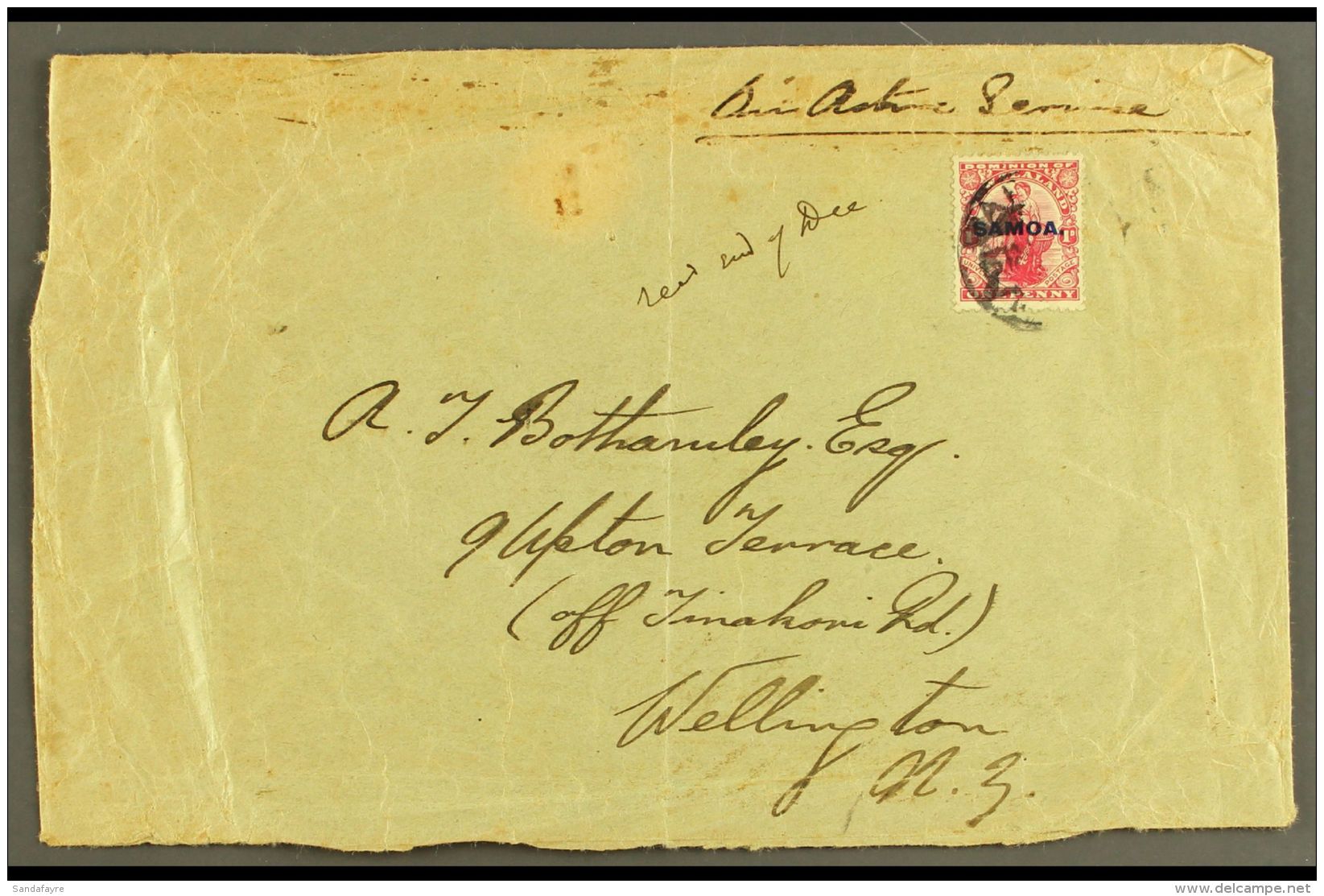 191? Somewhat Crumpled Large Envelope To New Zealand Bearing 1914-15 1d Carmine Tied By Indistinct Cds; Endorsed... - Samoa