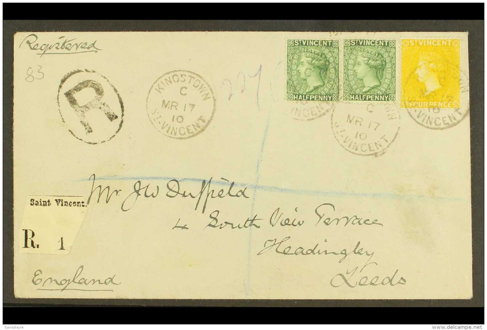 1910 Registered Cover To Leeds Franked QV 1893 &frac12;d Green (2) And 4d Yellow, Tied By Kingstown St Vincent Cds... - St.Vincent (...-1979)