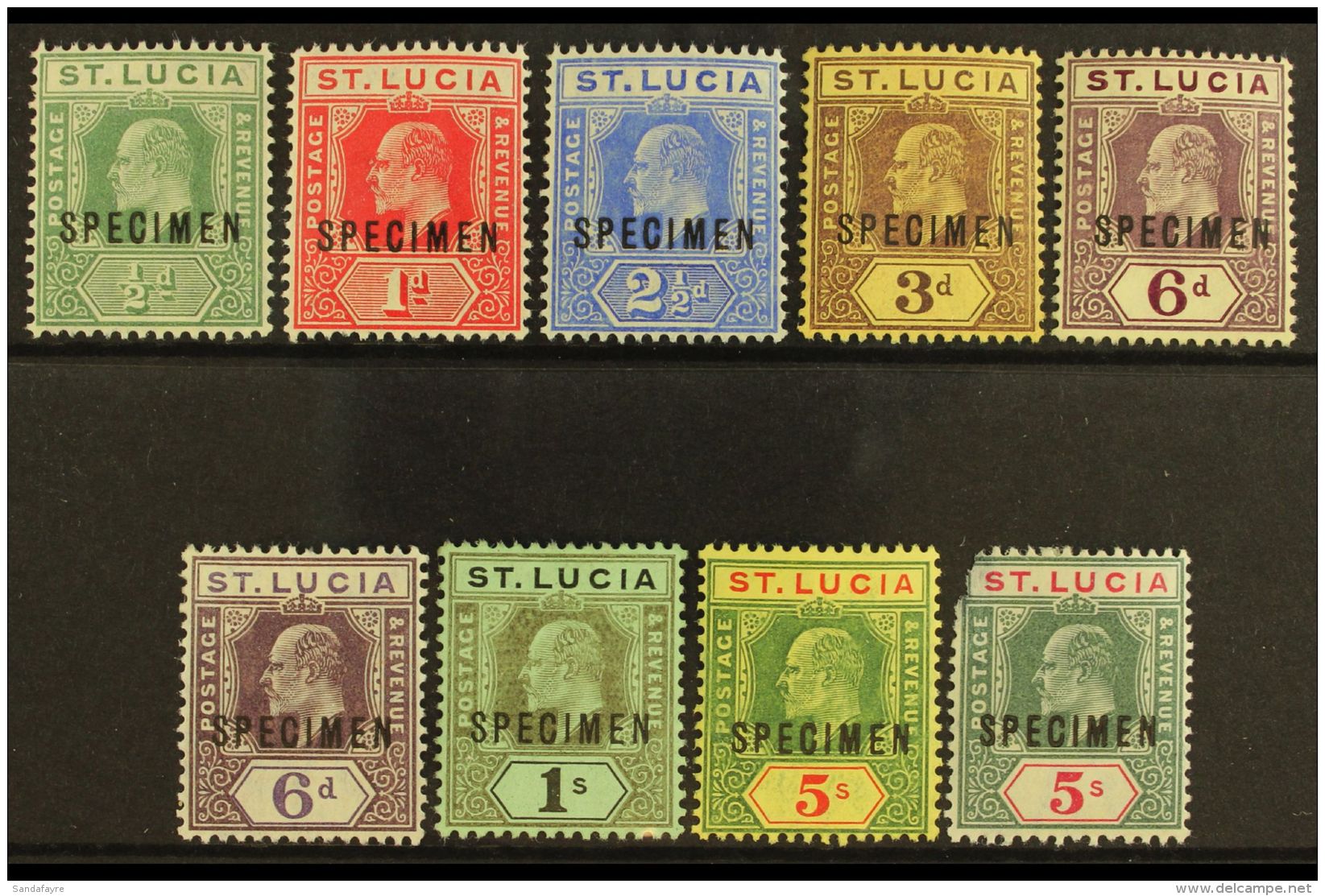 1904 Ed VII Set Wmk MCA Ovptd "Specimen", SG 65s/77s, Very Fine Mint. 5s Green And Carmine (SG 76s) Defective Top... - St.Lucia (...-1978)