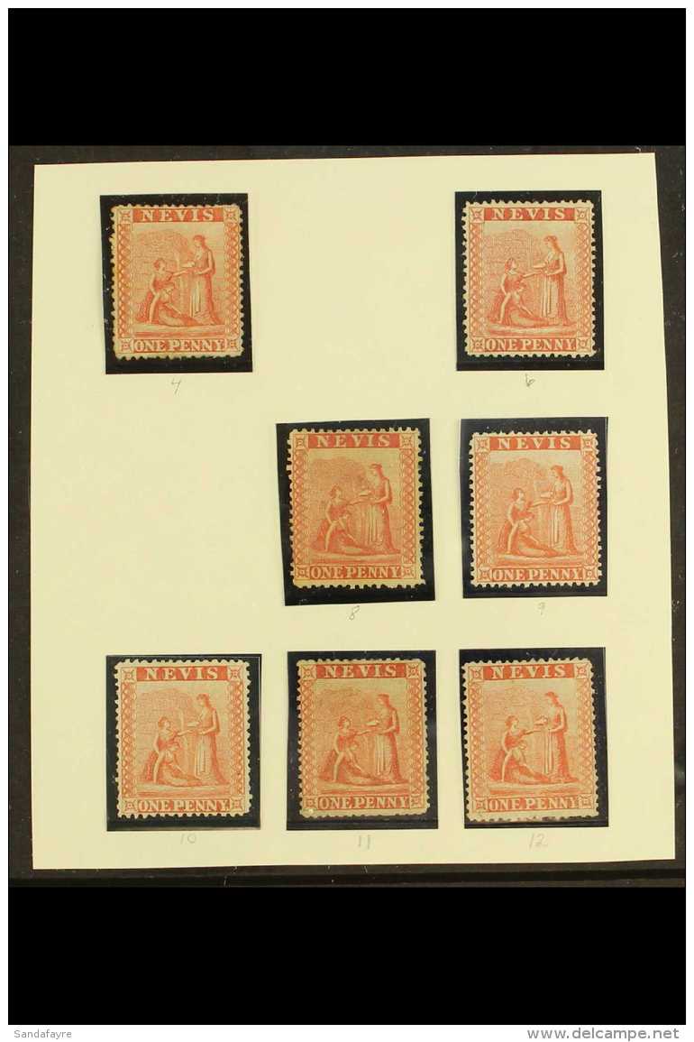 1866-76 1d PARTIAL SHEET RECONSTRUCTION. 1d Pale/deep Red, SG 9/10, Seven Unused No Gum Plated Examples -... - St.Christopher, Nevis En Anguilla (...-1980)