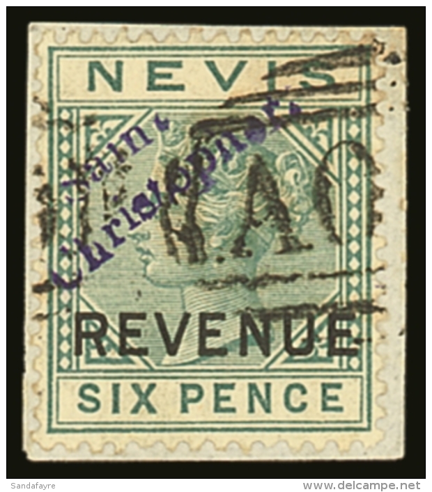 REVENUE STAMPS USED FOR POSTAGE 1883 6d Green Ovptd In Violet, SG R2, Superb Used On Piece. For More Images,... - St.Christopher, Nevis En Anguilla (...-1980)