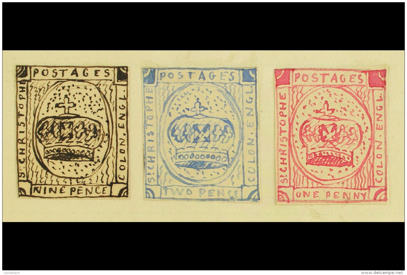 1861 HAND PAINTED STAMPS Unique Miniature Artworks Created By A French "Timbrophile" In 1861. Three "essays" With... - San Cristóbal Y Nieves - Anguilla (...-1980)