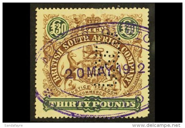 REVENUE 1906 &pound;30 Brown &amp; Green, Barefoot 11a, Fine Used With "USED" Perfin For More Images, Please Visit... - Autres & Non Classés
