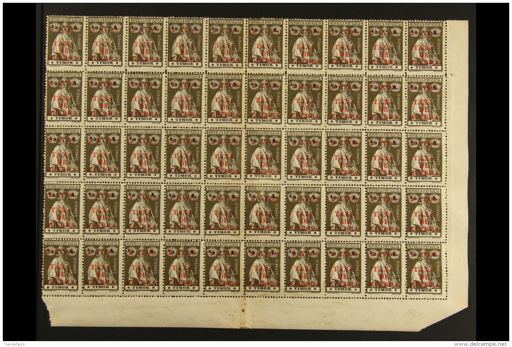 TIMOR 1919 2avos On &frac12;a Brown Olive Charity Tax, SG C228 (Afinsa 1), BLOCK OF 50 (10x5) From The Low Right... - Andere & Zonder Classificatie