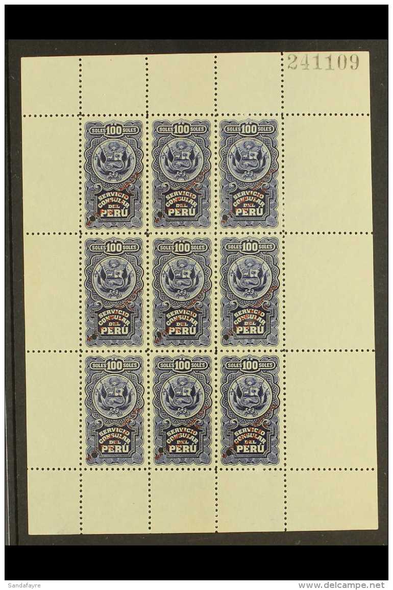CONSULAR REVENUES WATERLOW SAMPLE PROOFS. Circa 1900 100s Blue 'Servicio Consular Del Peru' Complete SHEETLET OF 9... - Peru