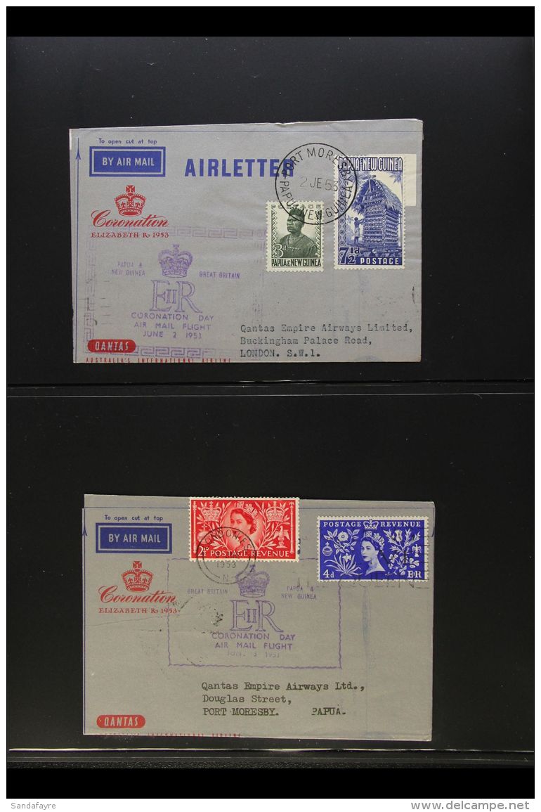 1953 CORONATION - QANTAS AIRMAIL FLIGHTS "There &amp; Back" Pair Of Special Qantas Coronation Air Letters - June... - Papoea-Nieuw-Guinea