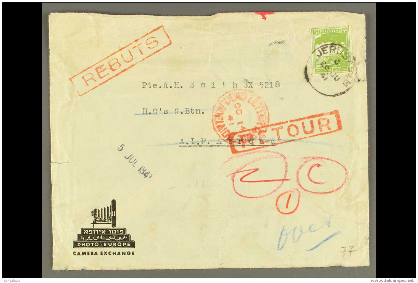 1941 (26 June) Cover Addressed To A.I.F. Abroad, Bearing 3m Stamp, With Various Manuscript Marks, "Rebuts",... - Palestine
