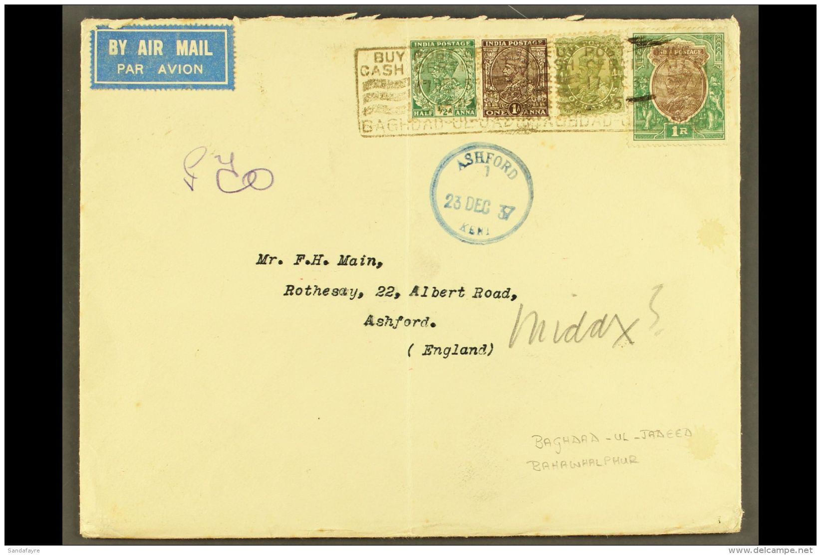 BAHAWALUPUR 1937(23 Dec) Air Mail Env With B'pur Government Embossed Flap To England Bearing India &frac12;a, 1a,... - Pakistan