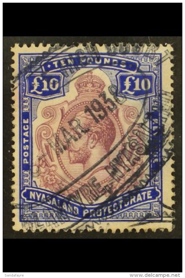 1913-21 KGV &pound;10 Purple And Royal Blue (SG 99e, Barefoot 2), Very Fine Fiscally Used. For More Images, Please... - Nyassaland (1907-1953)