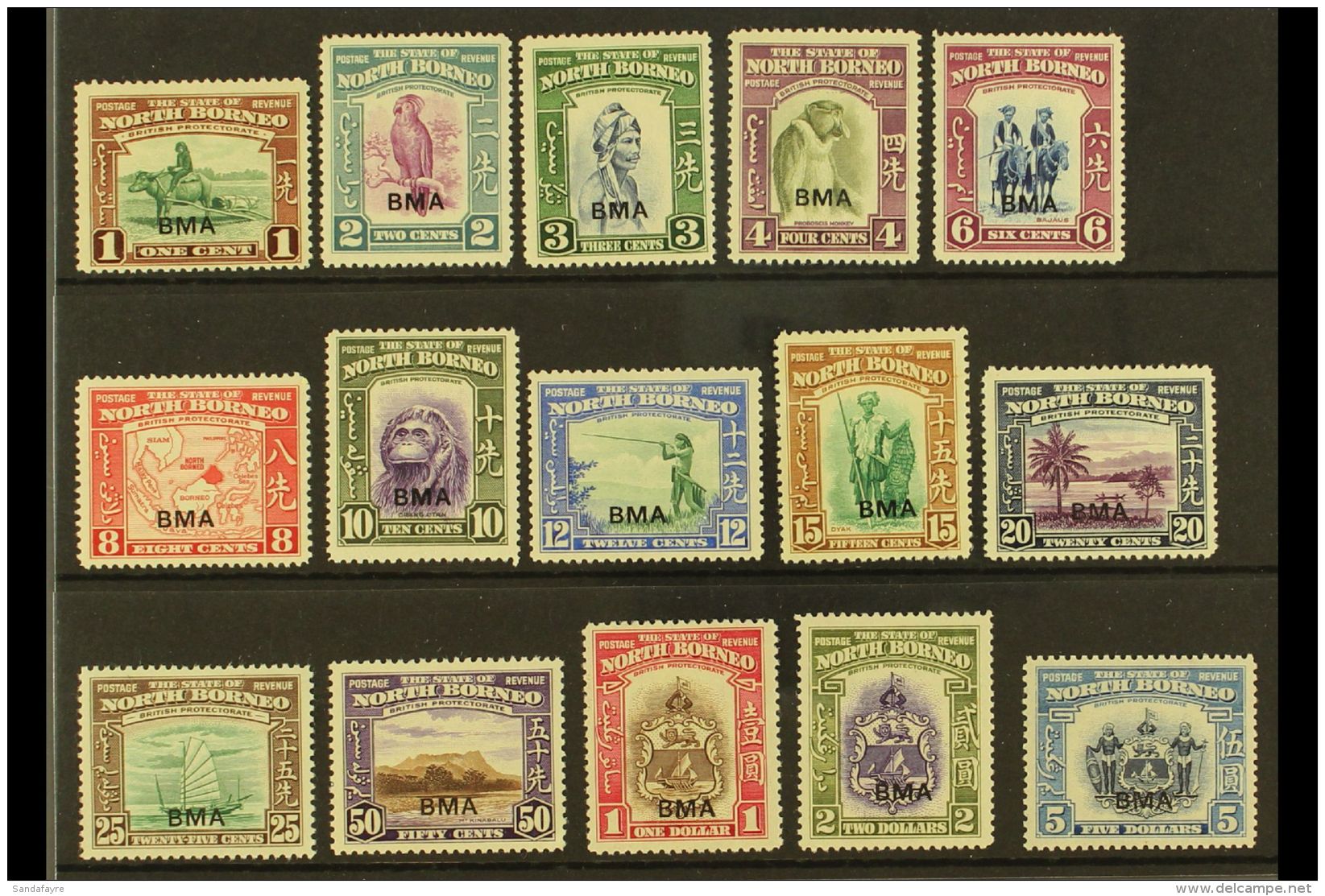 1945 "BMA" Overprints Complete Set, SG 320/34, Very Fine Mint, Very Fresh. (15 Stamps) For More Images, Please... - Noord Borneo (...-1963)