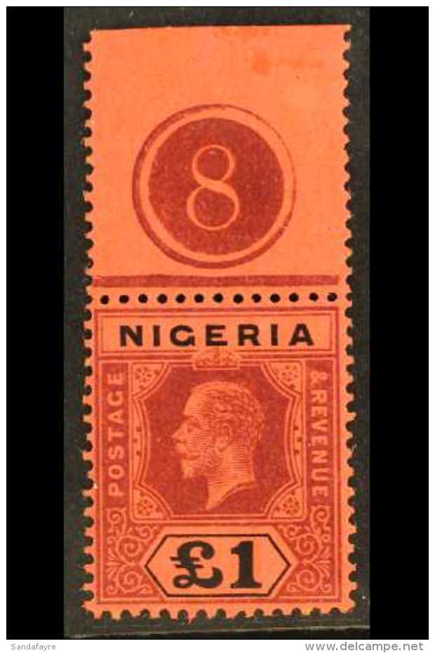 1917 &pound;1 Purple And Black / Red Die I, SG 12a, Never Hinged Mint With PLATE NUMBER "8" In Upper Margin. For... - Nigeria (...-1960)