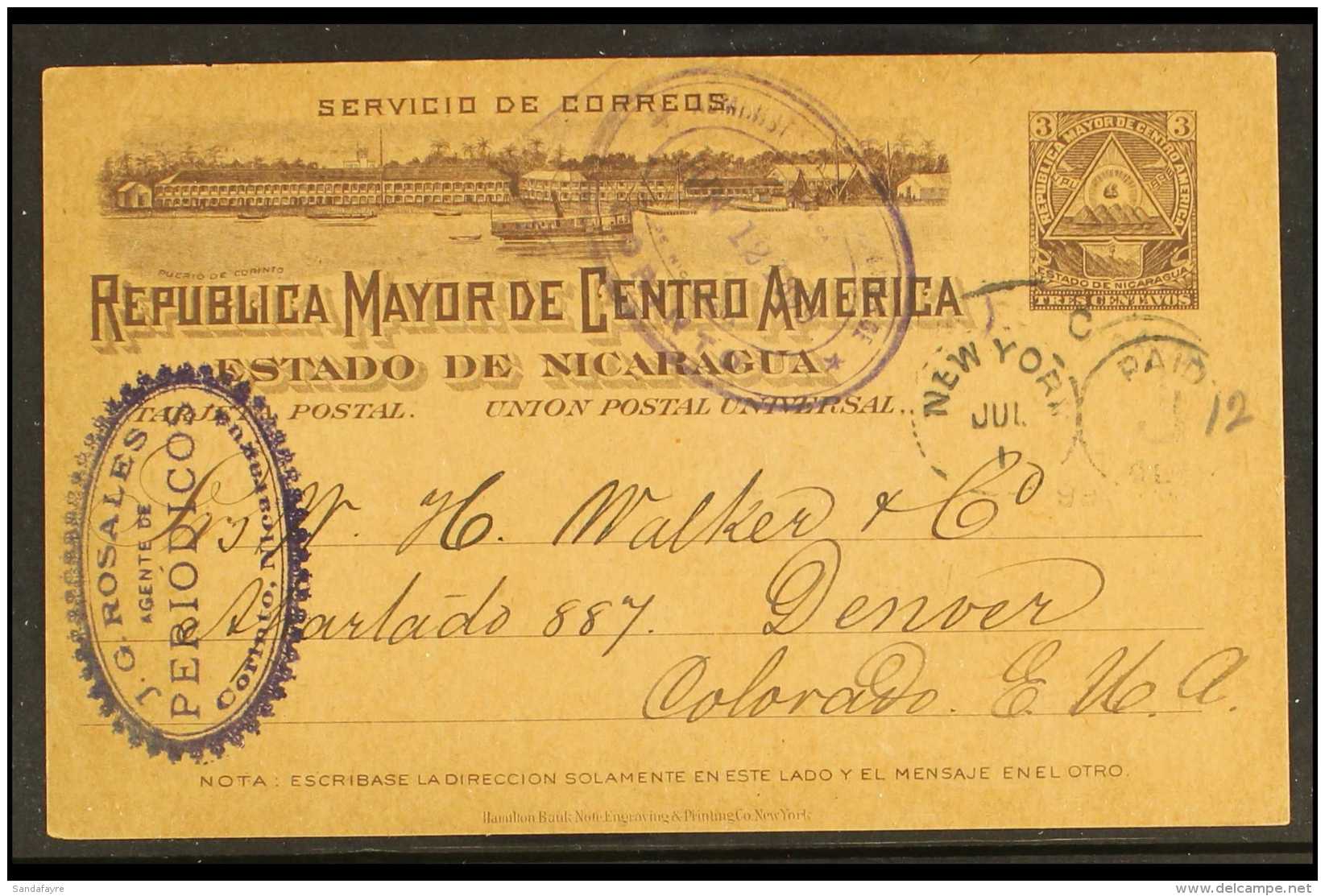 POSTAL STATIONERY 1899 3c Grey Postal Stationery Card To Colorado, USA, With Violet Oval CORINTO Postmark, New... - Nicaragua