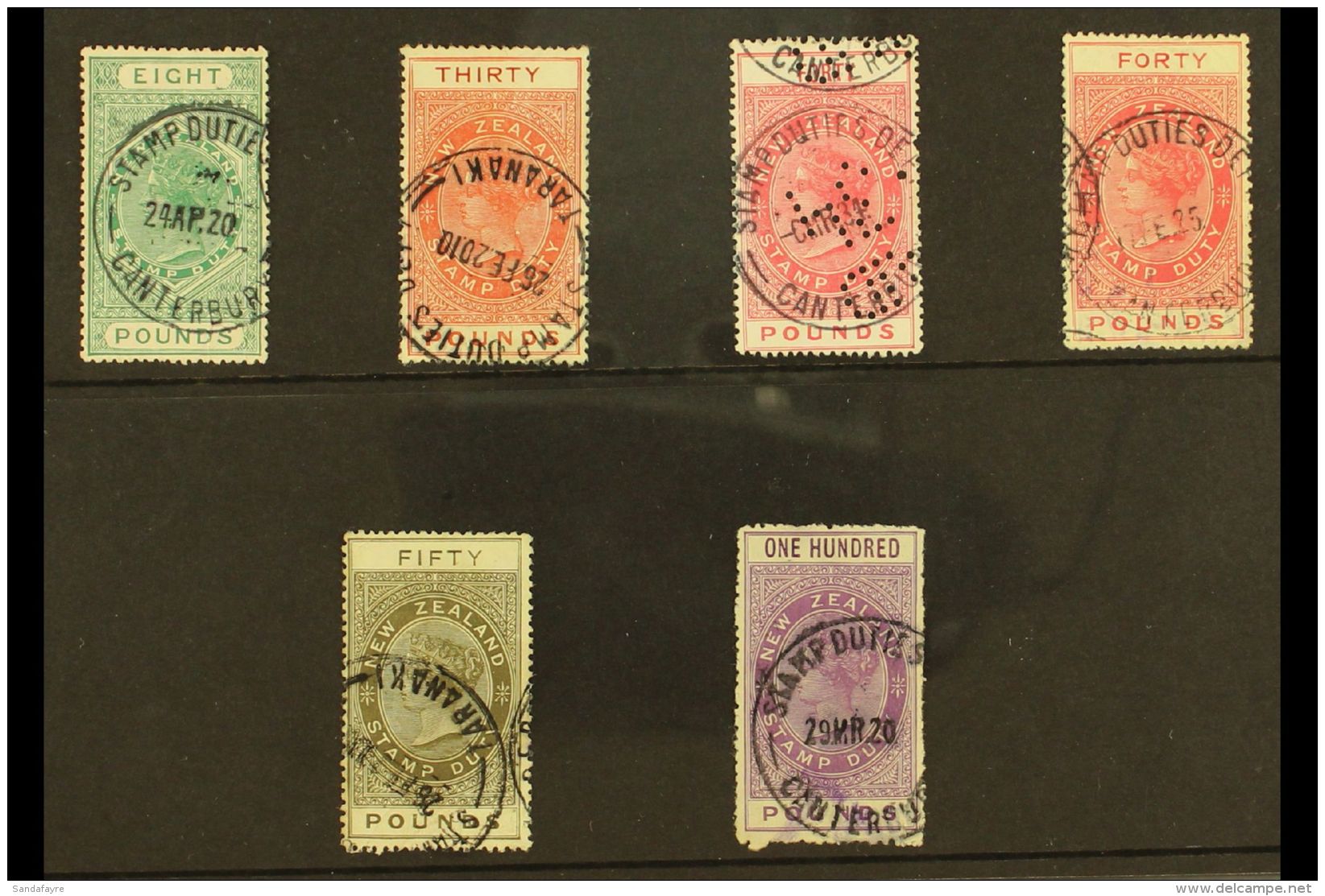 REVENUE STAMPS STAMP DUTY 1882 &pound;8 Green (Barefoot 262), &pound;30 Salmon (Bft 270), &pound;40 Red (two... - Andere & Zonder Classificatie