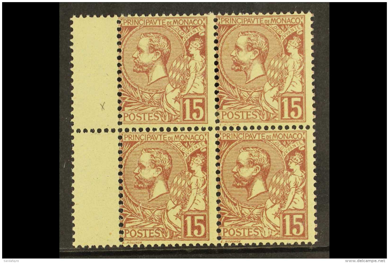 1901 15c Purple-brown On Yellow Prince Albert With IMPRINT OMITTED Variety, Maury 24a, In Nhm Block With 3 Normal... - Andere & Zonder Classificatie