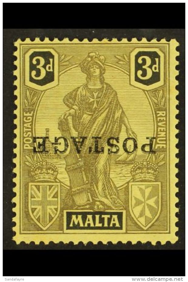 1926 3d Black/yellow With "POSTAGE" Overprint Inverted, SG 149a, Fine Mint. For More Images, Please Visit... - Malta (...-1964)