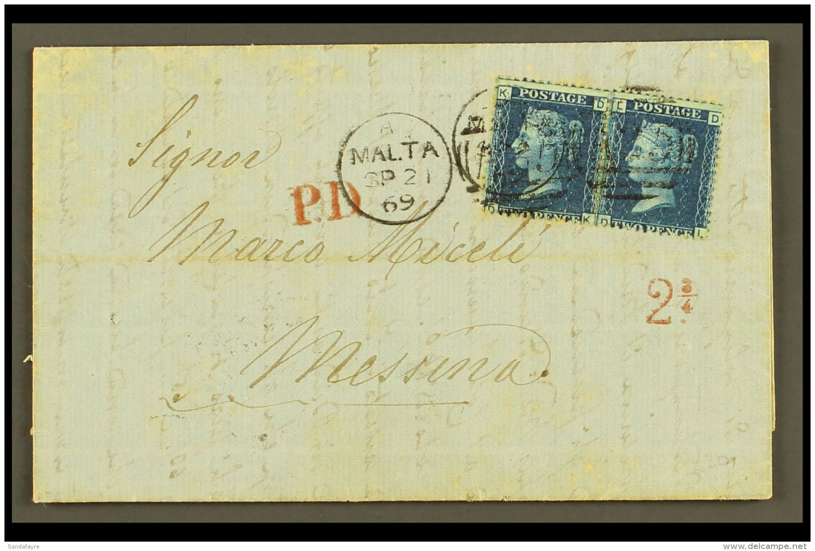 1869 ENTIRE LETTER TO MESSINA Bearing Great Britain 2d Blue, Plate 13, Horizontal Pair, Tied By "MALTA / A25"... - Malta (...-1964)