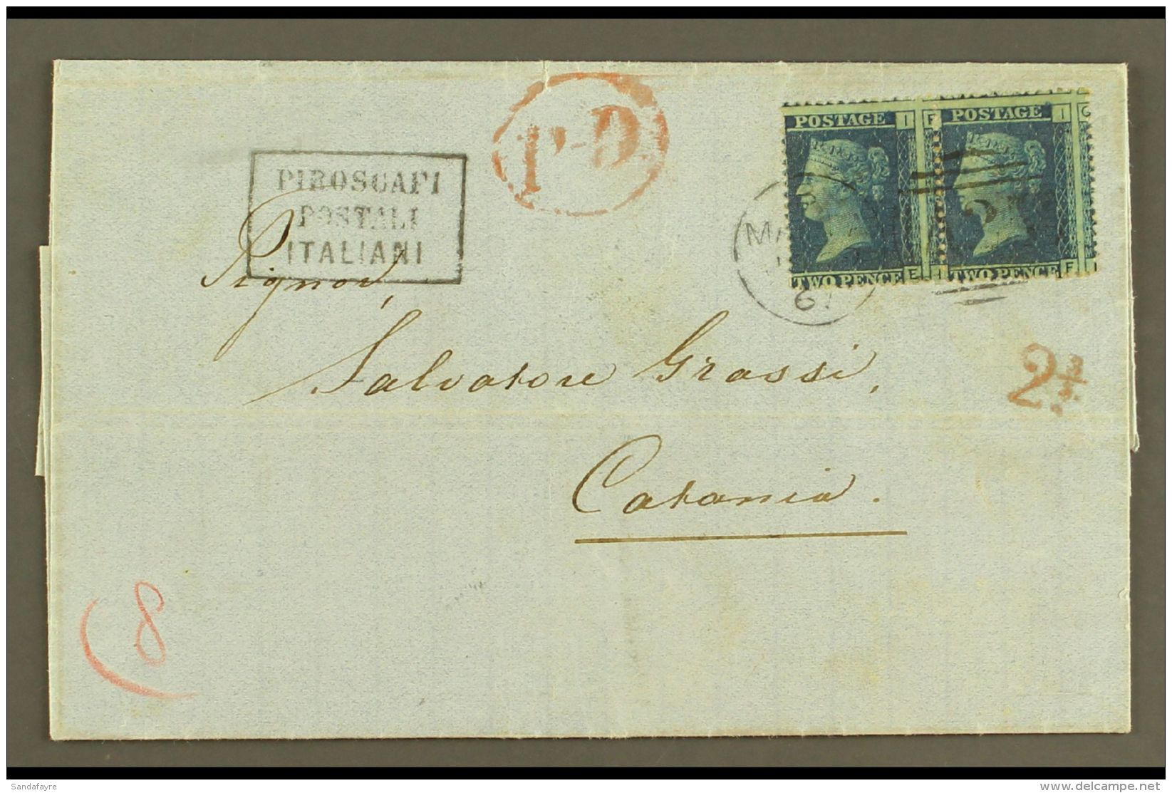1867 ENTIRE LETTER TO CATANIA Bearing Great Britain 2d Blue, Plate 9, Horizontal Pair Tied By "MALTA / A25" Duplex... - Malte (...-1964)