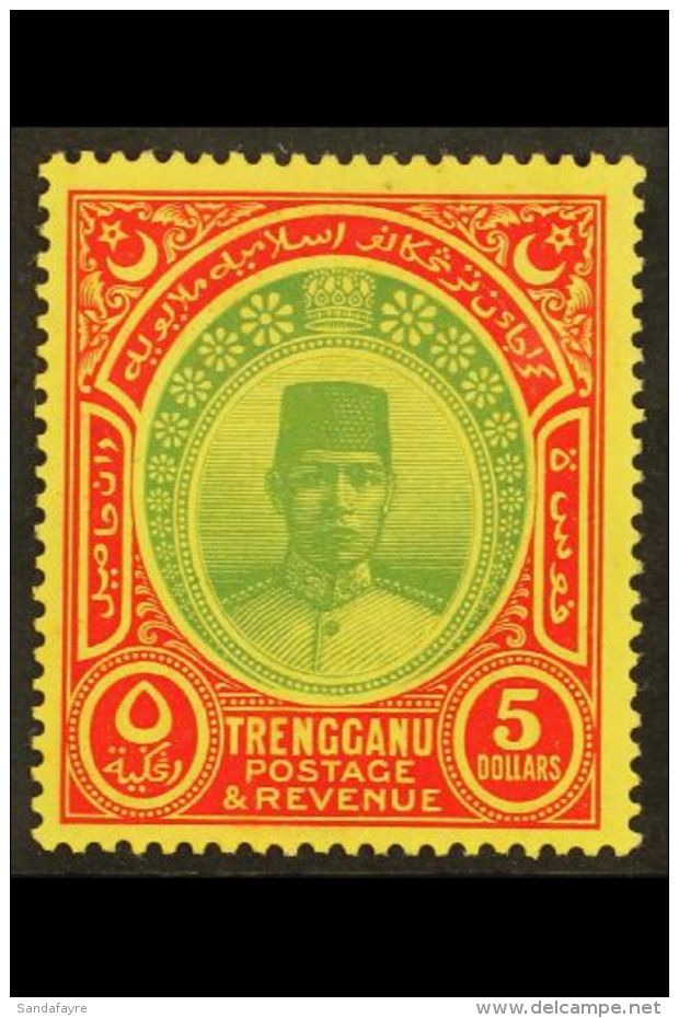 TRENGGANU $5 Green And Red On Yellow, Wmk Script CA, Sultan Suleiman, SG 44, Very Fine And Fresh Mint. Scarce... - Andere & Zonder Classificatie