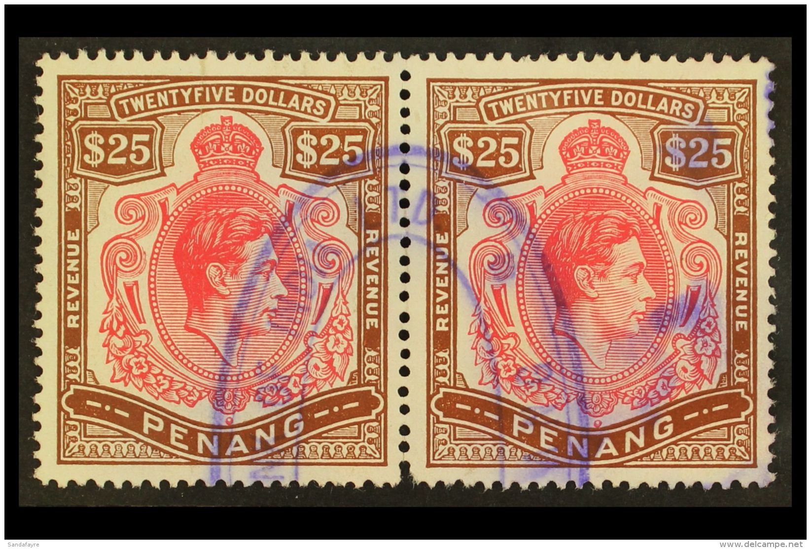 PENANG REVENUE STAMPS 1949 KGVI $25 Red And Brown, Barefoot 1, Fine Used HORIZONTAL PAIR. For More Images, Please... - Andere & Zonder Classificatie