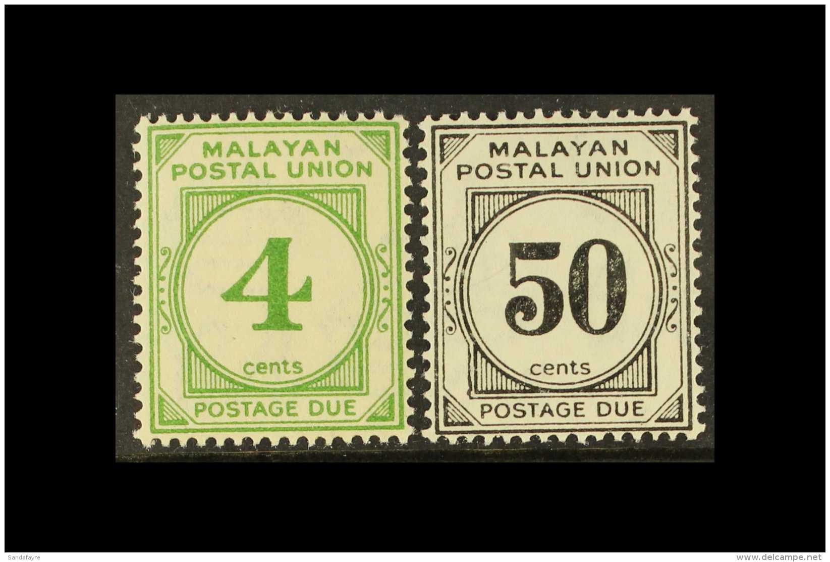 MALAYAN POSTAL UNION POSTAGE DUE 1936-38 4c Green And 50c Black, SG D2, D6, Very Fine Mint. (2 Stamps) For More... - Sonstige & Ohne Zuordnung